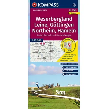 KOMPASS Fahrradkarte 3363 Weserbergland, Leine, Göttingen, Northeim, Hameln mit Knotenpunkten 1:70.000