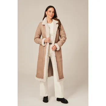 Dámský kabát Dámský dlouhý béžový kožich (XXXL - 48)