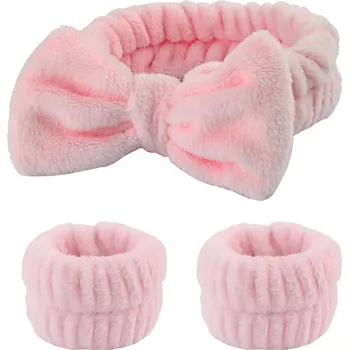 Čelenka 3ks kosmetická čelenka a potítka na odličování | kosmetické čelenky, doplňky do koupelny - Růžový