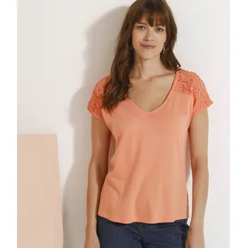 Dámská móda Tričko s výstřihem do V a macramé broskvová 46/48