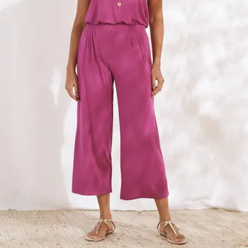 Dámské kalhoty 7/8 široké jednobarevné kalhoty s pružným pasem purpurová 34/36