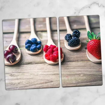 Obraz Skleněné kuchyňské desky na krájení s grafikou lžic a ovoce 40x52 a 30x52 cm