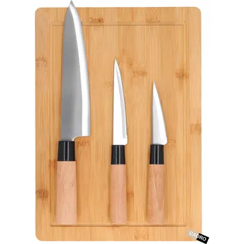 Sada kuchyňských nožů z ocel oceli + bambusové prkénko na krájení, 4 ks