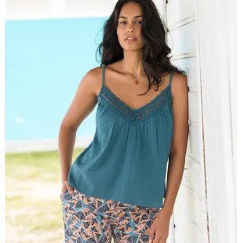 Dámské tričko Top s výstřihem do V lemovaným krajkou modrá 44