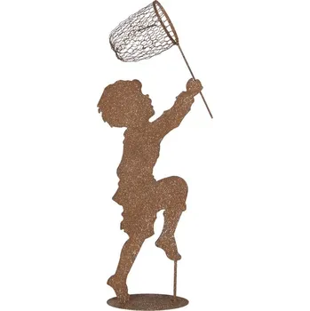 Bytová dekorace Rezavá kovová dekorace chlapec se síťkou a motýlkem - 33*13*88 cm