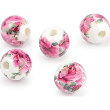Dětské navlékací korálky Porcelánové korálky s květy Ø10 mm, malé, 4 fialovorůžová růže