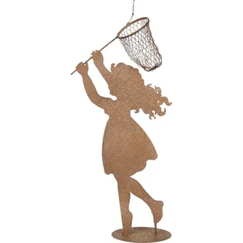 Bytová dekorace Rezavá kovová dekorace děvče se síťkou a motýlkem - 39*13*87 cm
