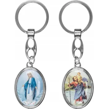 PŘÍVĚSEK NA KLÍČE kovová se Svatým Kryštofem a Pannou Marií Neposkvrněnou.