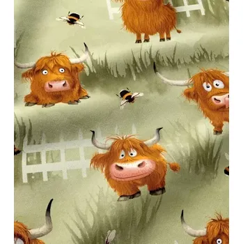 Bavlněná látka chlupaté krávy na zelené | RTex