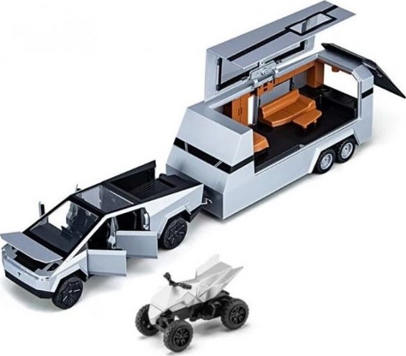 Tesla Cybertruck kovový model hračka na baterie s karavanem a čytřkolkou světla zvuk 1:32 stříbrná
