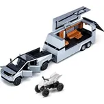 Tesla Cybertruck kovový model hračka na baterie s karavanem a čytřkolkou světla zvuk 1:32 stříbrná