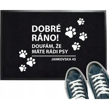 Rohožka Vstupní rohožka černá PŘED DVEŘE NÁPIS VAŠE ADRESA NÁPIS MÁTE RÁDI PSY