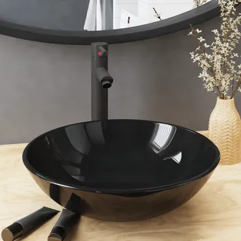 OMAXI Koupelnové umyvadlo s baterií a výpustí černé tvrzené sklo 904084