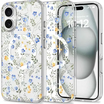 Pouzdro na mobilní telefon Kryt TECH-PROTECT MagMood pro Apple iPhone 16 - Magsafe - jemné kytičky / průhledný