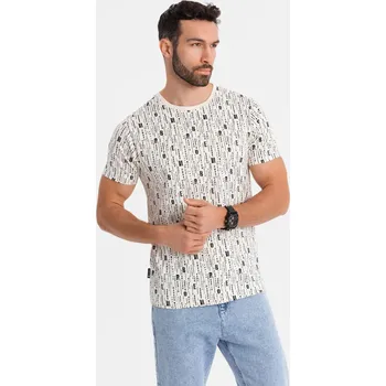 Pánské oblečení Bavlněné tričko s potiskem a kulatým výstřihem - krémové V1 OM-TSFP-0225 - S
