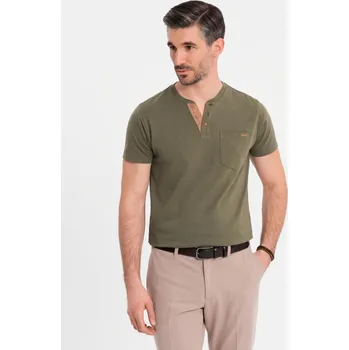 Pánské tričko s výstřihem na knoflíky a semišovým lemem - tmavě olivové V5 OM-TSCT-0206 - S