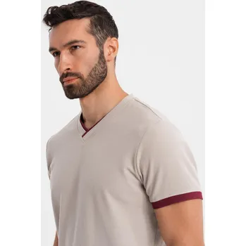 Pánské tričko Pánské tričko s kontrastními vsadkami a výstřihem do V - béžové V2 OM-TSCT-0198 - M