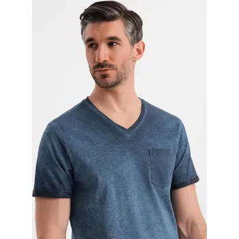 Pánské bavlněné tričko s výstřihem do V a sepraným efektem - tmavě modré V7 OM-TSWT-0242 - L
