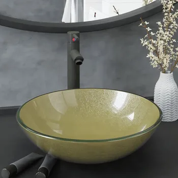 Umyvadlo OMAXI Koupelnové umyvadlo s baterií a výpustí zlaté tvrzené sklo 904183