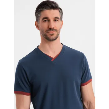 Pánské oblečení Pánské tričko s kontrastními vsadkami a výstřihem - tmavě modré V1 OM-TSCT-0198 - S