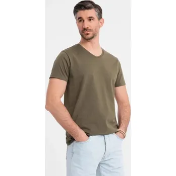 Ombre Clothing Základní bavlněné olivové tričko s výstřihem do V V6 TSBS-0237