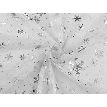 Tyl vánoční s metalickými vločkami