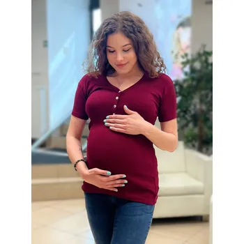 Mama L'amour Premium, elegantní těhotenské a kojící tričko Florence bordó žebrované Velikost: XS