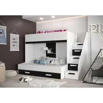 Obývací stěna Dětský pokoj Party 16a s volbou barvy dvířek, 2 postele, pozvolné schody Barva korpusu: Bílá, Dveře: Černé