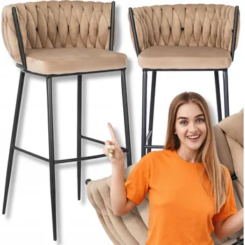 Barová židle Barová Židle barová židle s opěradlem pletená loft béžová velurová Flores