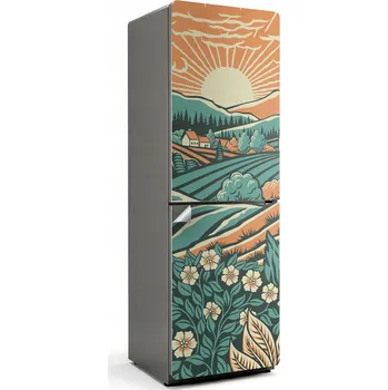 Fototapeta Samolepicí nálepka na ledničku s potiskem louky a východu slunce