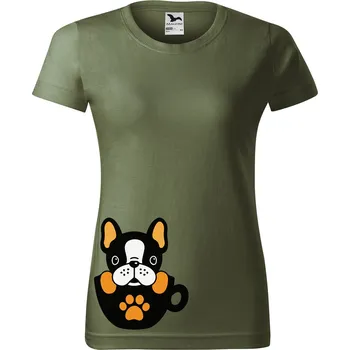 DOBRÝ TRIKO Dámské tričko s potiskem Pejsek v šálku Barva: Khaki, Velikost: M