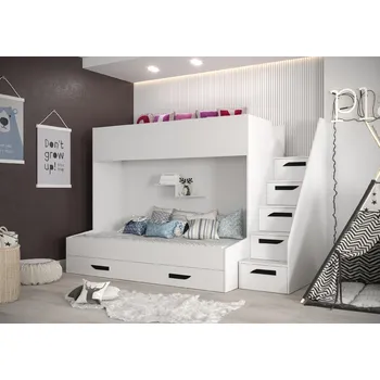 Obývací stěna Dětský pokoj Party 16b s volbou barvy úchytů, 2 postele, pozvolné schody Barva korpusu: Bílá, Úchytky: Černé