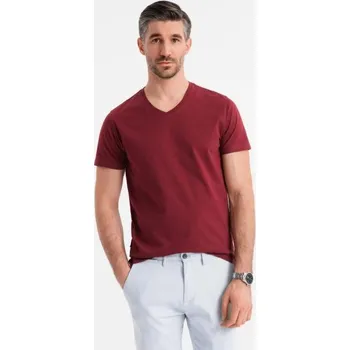 Ombre Clothing Základní bavlněné vínové tričko s výstřihem do V V10 TSBS-0237