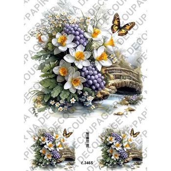 Umělecký papír Rýžový a soft papír na decoupage - Kytice jarní s pozadím - KB03465 Materiál: Soft, Rozměr: A4