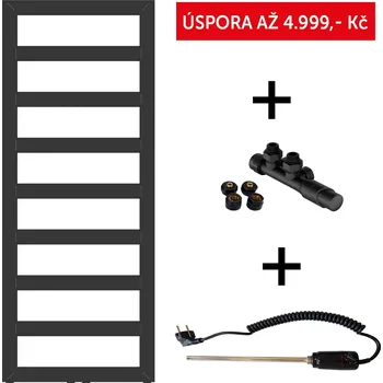 Radiátor Akční set: radiátor GLASGOW černá barva + ventil HYBRID + topná tyč PATRONA, Černá , 60 cm, 125 cm