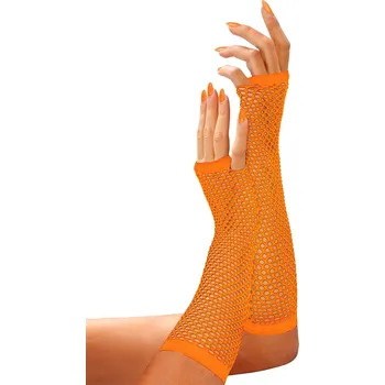 Karnevalový doplněk Neónové oranžové fishnet rukavice bez prstů 33 cm