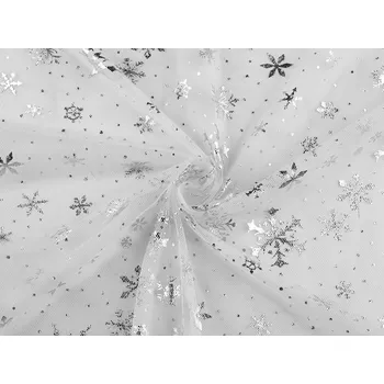 Tyl vánoční s metalickými vločkami, barva 1 bílá stříbrná