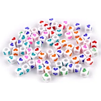 Dětské navlékací korálky Plastové korálky se srdíčky kostka 6 mm, barva mix