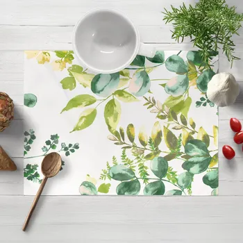 prostírání Bavlněné prostírání na stůl Sandra SA-244 Zelený eukalyptus na bílém 35x45 cm