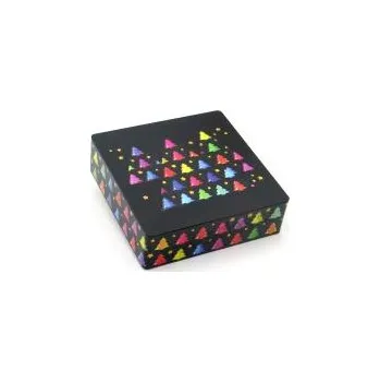 Dóza na potraviny BUON NATALE černá plechová dóza 3460 s malými barevnými stromky a žlutými hvězdičkami