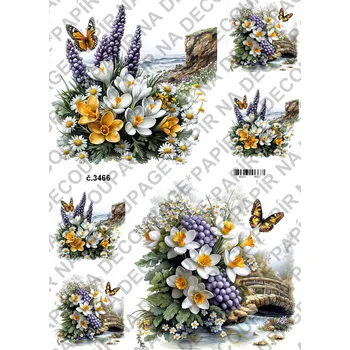 Umělecký papír Rýžový a soft papír na decoupage - Kytice jarní s pozadím - KB03466 Materiál: Soft, Rozměr: A4