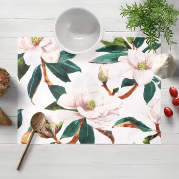 prostírání Bavlněné prostírání na stůl Sandra SA-293 Magnolie se zelenými listy na bílém 30x40 cm