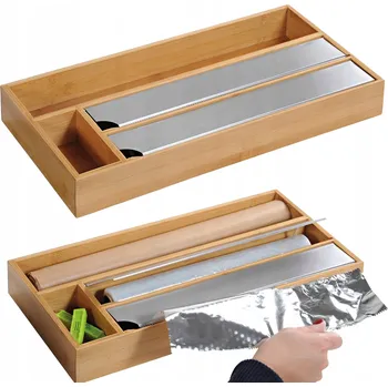 Úložný box Řezačka a dávkovač potravinářské fólie Kesper, bambusový organizér 42x19 cm