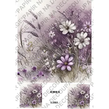 Umělecký papír Rýžový a soft papír na decoupage - Fialové květiny a zákoutí - KB03503 Materiál: Soft, Rozměr: A4