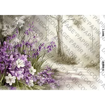 Umělecký papír Rýžový a soft papír na decoupage - Fialové květiny a zákoutí - KB03496 Materiál: Soft, Rozměr: A4