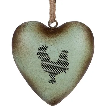 Zelené antik kovové srdce s kohoutem Rooster - 14*5*14 cm