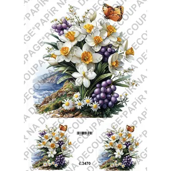 Umělecký papír Rýžový a soft papír na decoupage - Kytice jarní s pozadím - KB03470 Materiál: Soft, Rozměr: A4