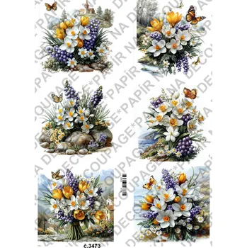 Umělecký papír Rýžový a soft papír na decoupage - Kytice jarní s pozadím - KB03473 Materiál: Soft, Rozměr: A4