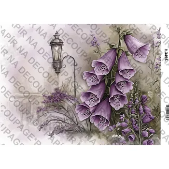 Umělecký papír Rýžový a soft papír na decoupage - Fialové květiny a zákoutí - KB03495 Materiál: Soft, Rozměr: A4