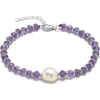 Náramek AURA Minerální náramek přírodní Ametysty a perla, stříbro AG925 - AU0008